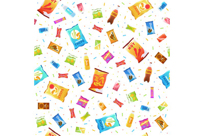 Seamless pattern with sweet drinks and candy. Soda water, chips in pac