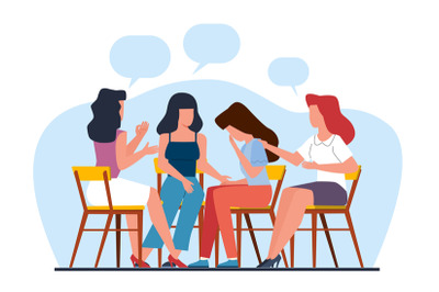 Women sit together in circle and discuss their problems, comforting an