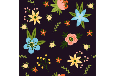 Seamless floral pattern. Cute flowers and leaves isolated on black bac