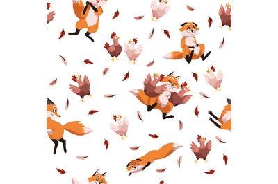 Seamless pattern with chickens and foxes. Funny childish fabric print