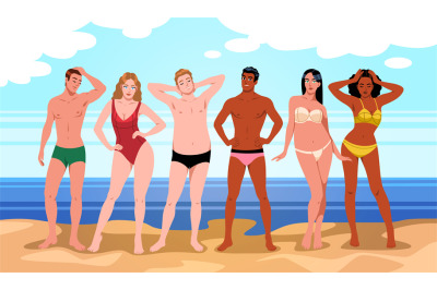 Cartoon beach people group. Summer sea vacationers, happy guys and gir