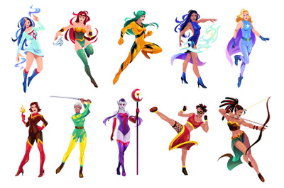 Female superheroes characters. Heroes mascots in different costumes, s