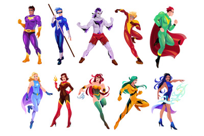 Superheroes characters. Cartoon heroes mascots set, strong men and wom