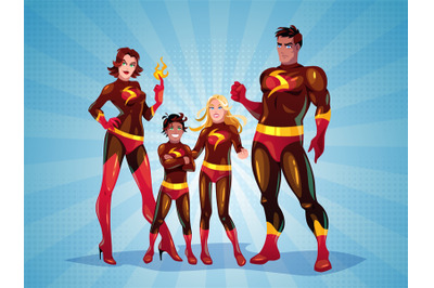 Super heroes family. Cartoon parents with children in costumes, superp