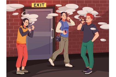 Cartoon smokers at exit. Working smoke break process, people with ciga