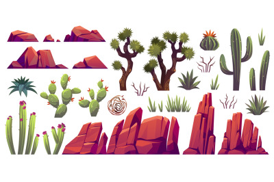 Desert elements. Cartoon stones of different shapes, plants of arid zo