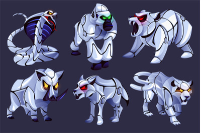 Cartoon cyborg animals. Futuristic fauna characters, robotic metal gor