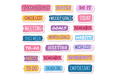 Diary sticker set. Important notes and to do list. Goals and meeting l