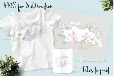 Delicate orchids sublimation. Design for printing.