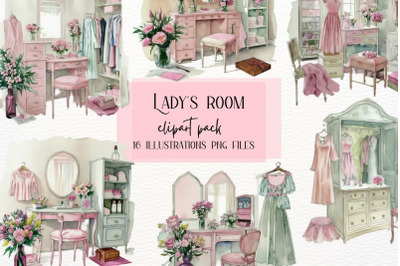 Fashion Girl Room, Dressing Room Watercolor Clipart
