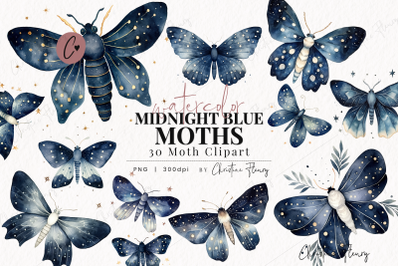 Watercolor Midnight Blue Moths Clipart