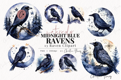 Watercolor Midnight Blue Ravens Clipart