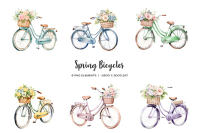 Watercolor bicycle with flowers clipart. Vintage bike with pink flower
