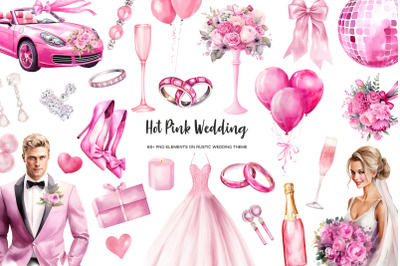 Watercolor Hot pink doll wedding clipart. Pink gorgeous barb wedding