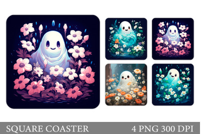 Cute Ghost Square Coaster. Ghost Flowers Coaster Sublimation