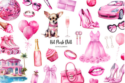 Watercolor hot pink fashion doll clipart. Pink doll clipart bundle. Girl doll PNG elements. Hot pink elements for party. Dream doll elements