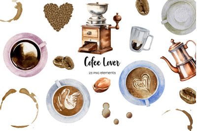 Watercolor coffee clipart. Coffee lover clip art. Coffee cup rings