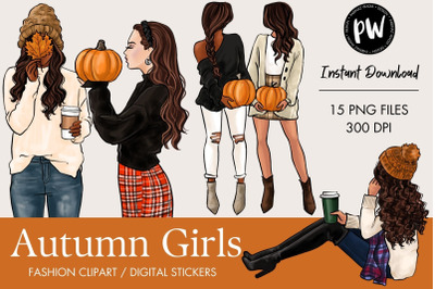 Autumn Girl clipart set - 3 skin tones - PNG