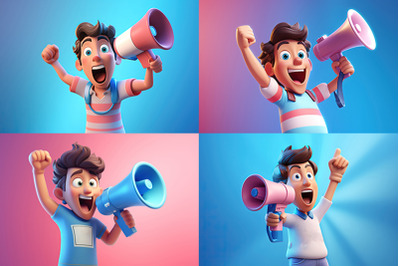 3D cartoon character with a megaphone in his hand