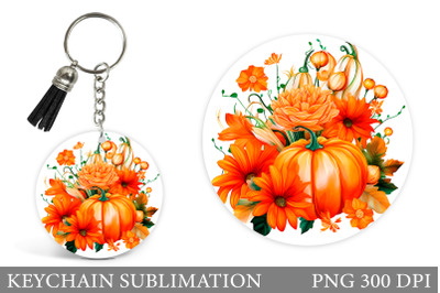 Fall Pumpkin Round Keychain. Pumpkin Flowers Keychain Design