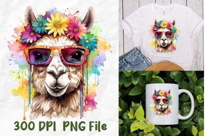 Hippie Tie Dye Llama Flower Watercolor