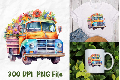 Hippie Vintage Truck Daisy Watercolor