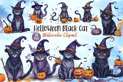 Helloween Black Cat Watercolor Clipart