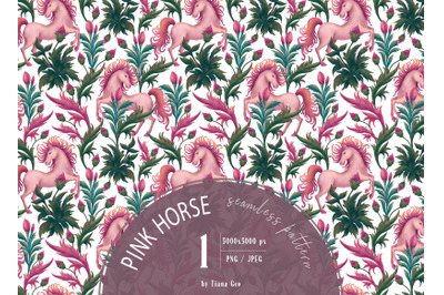 Cute floral pink horse seamless pattern- 1 png and jpeg file