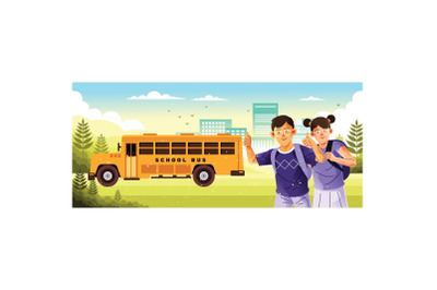 Students Go to School with the Bus Illustration