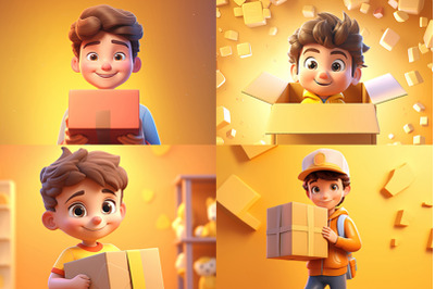 3D character boy holding cardboard box