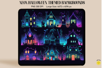 Neon Haunted House Silhouettes