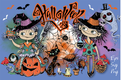 Halloween. Cute little witches. Png Svg Eps
