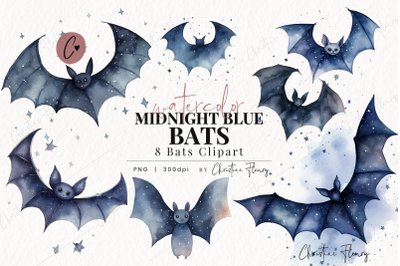 Watercolor Midnight Blue Bats Clipart