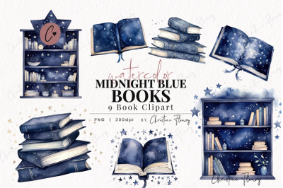 Watercolor Midnight Blue Books Clipart