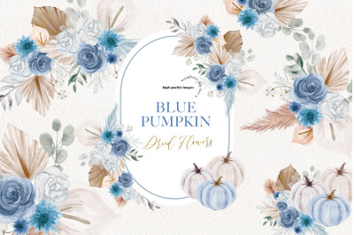 Pumpkin Blue Boho Dried Floral Pampas Grass Clipart