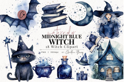 Watercolor Midnight Blue Witch Clipart