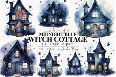 Watercolor Midnight Blue Witch Cottage