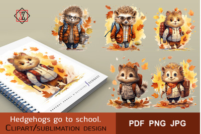 Hedgehogs go to school. Clipart