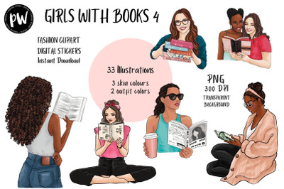 Girls with Books 4 clipart set - 3 skin tones - PNG