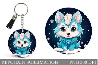 Winter Wolf Keychain Sublimation. Cute Wolf Round Keychain