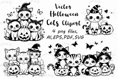 Spooky Halloween Cats Vector Clipart - AI, EPS, svg, png files for Dec