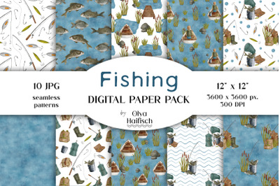 Fishing Digital Paper Pack. Watercolor Fish &amp; Lake Seamless Patterns