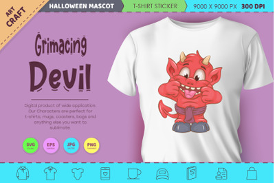 Grimacing little devil. Halloween mascot.