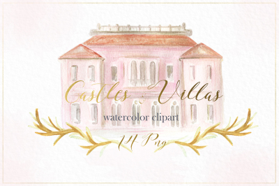Buildings watercolor clipart. Castle & villa