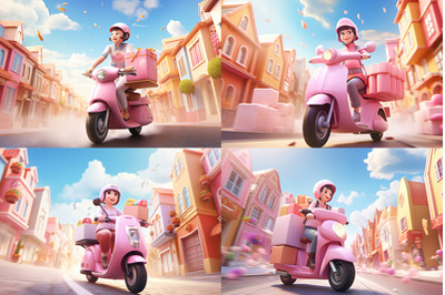 3D delivery staff ride motorcycles