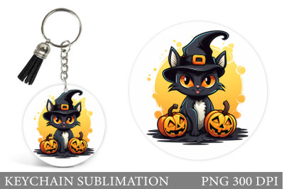 Halloween Cat Keychain Sublimation. Halloween Round Keychain