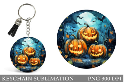 Scary Pumpkin Keychain. Halloween Watercolor Round Keychain