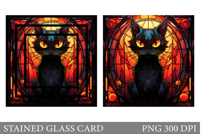Stained Glass Black Cat Card. Stained Glass Halloween Card