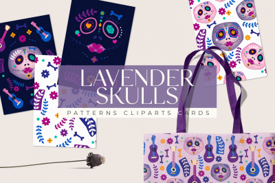 Sugar skulls - patterns, cards and cliparts