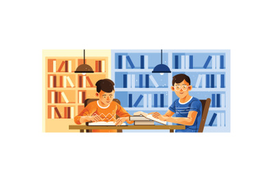 Two Students Learn in the Library Illustration